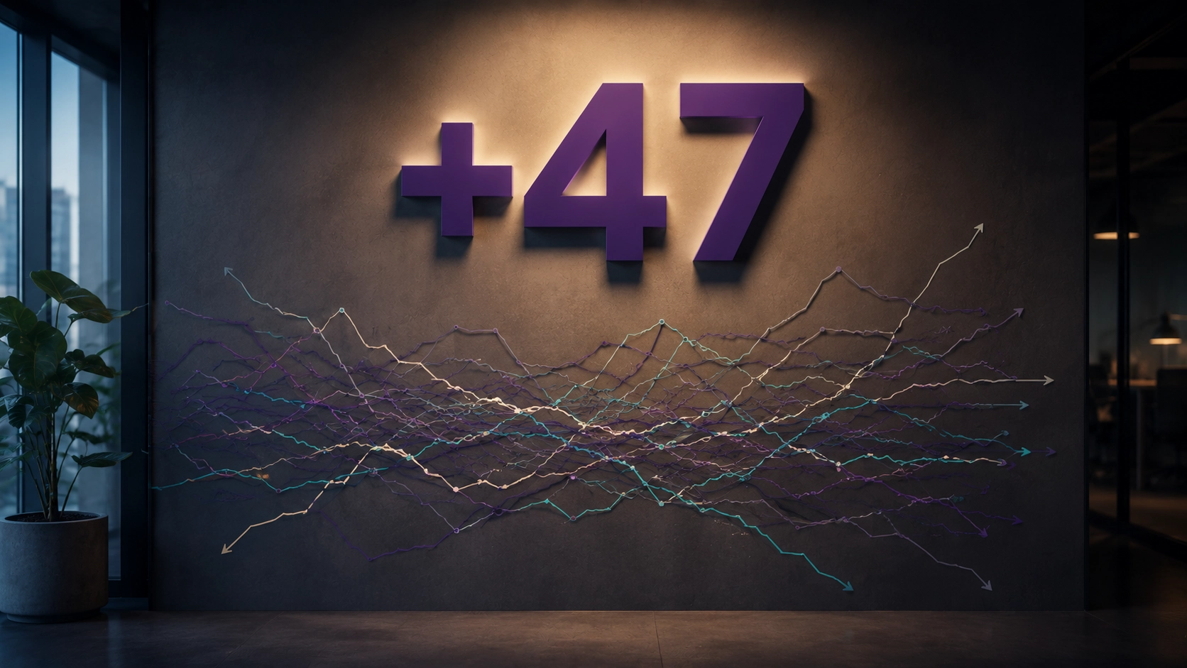 «Большая цифра +47 на стене, под ней — хаотичный график из мелких разнонаправленных линий»